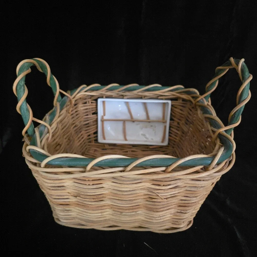 Woven Wicker Basket with Apple Ceramic Tile Green Trim Farmhouse Cottagecore